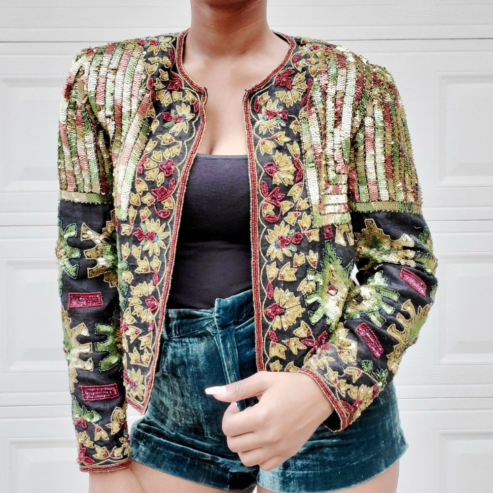 Beaded jacket gold, copper, green, and red sequins
